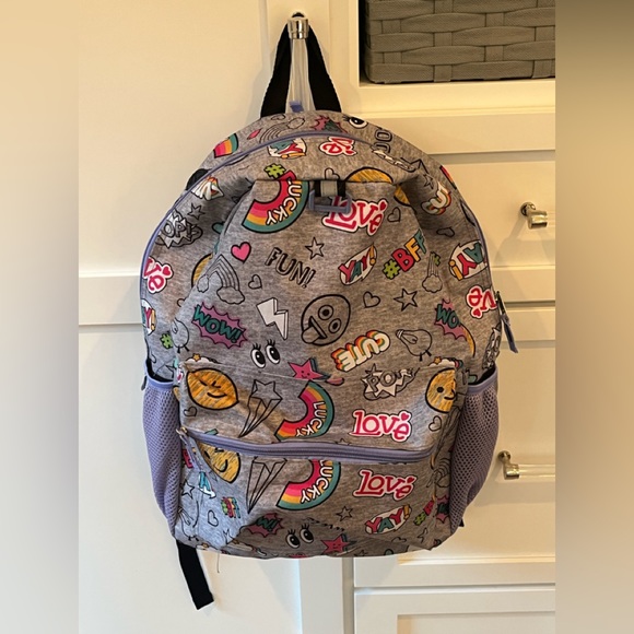 Emoji Jersey Doodle Backpack 16” X 12" Zip Compartments Smiley Face - Picture 6 of 7